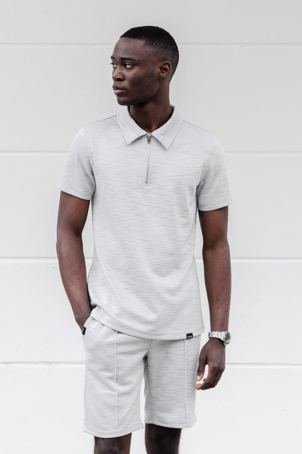 Capo Slub Zip Neck Polo Shirt Grey