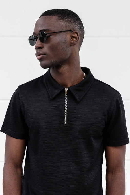 Capo Slub Zip Polo Shirt Black